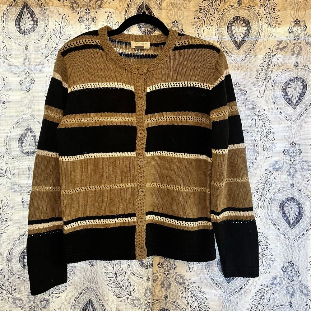 Christopher & Banks Tan And Black Stripe Button Front‎ Cardigan Size Small